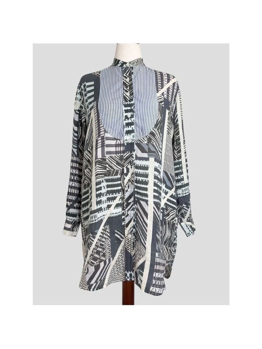 90s KOCH Shirt Dress Patchwork Bib Mixed Print Cotton M Art to Wear Boho Chick